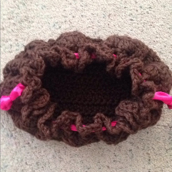 HAND CRAFTED Drawstring Wristlet Baguette Vintage Crochet Brown Pink - Picture 6 of 9